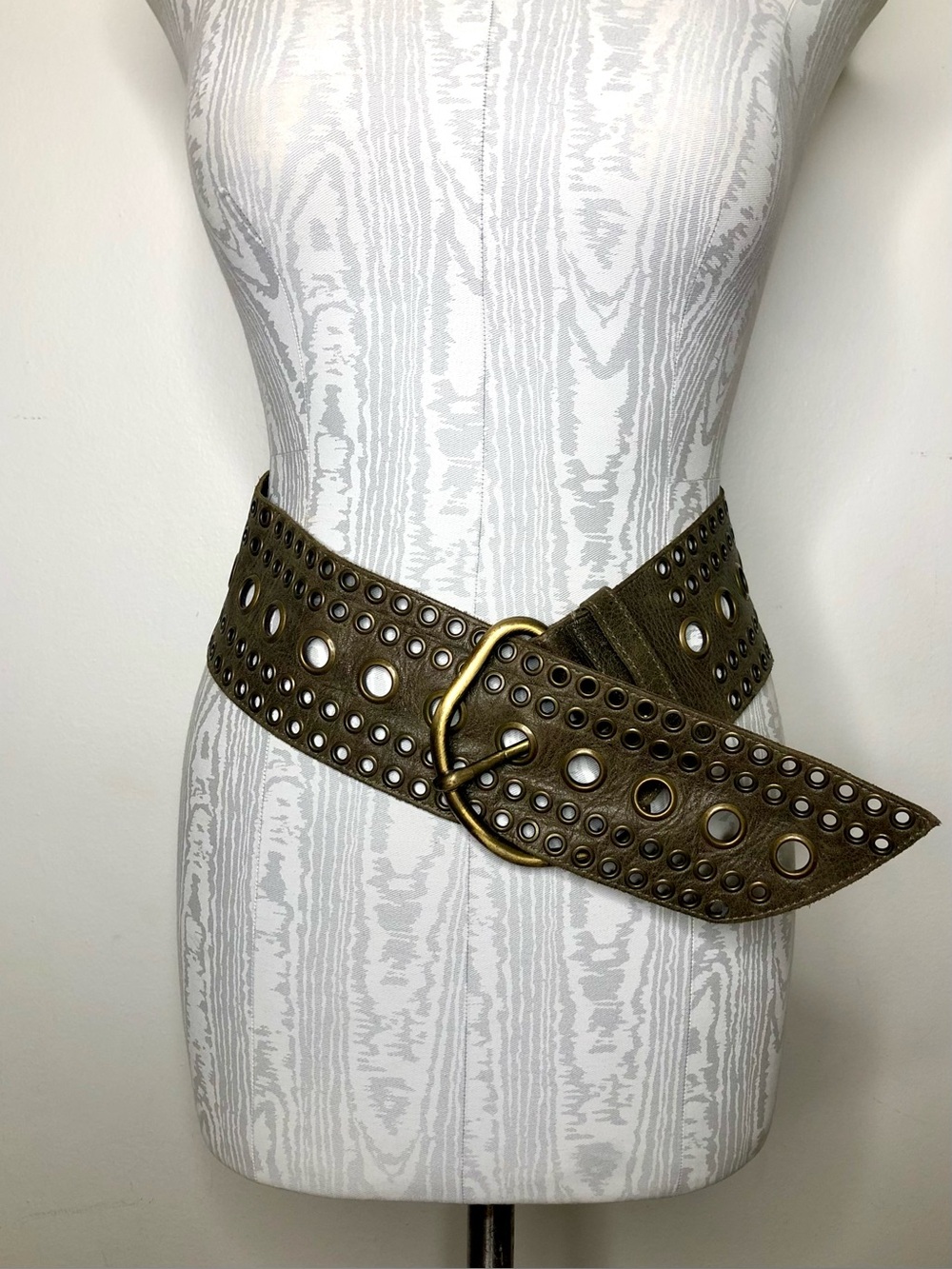 Wide Olive Green Jumbo Leather Belt with Brass Buckle